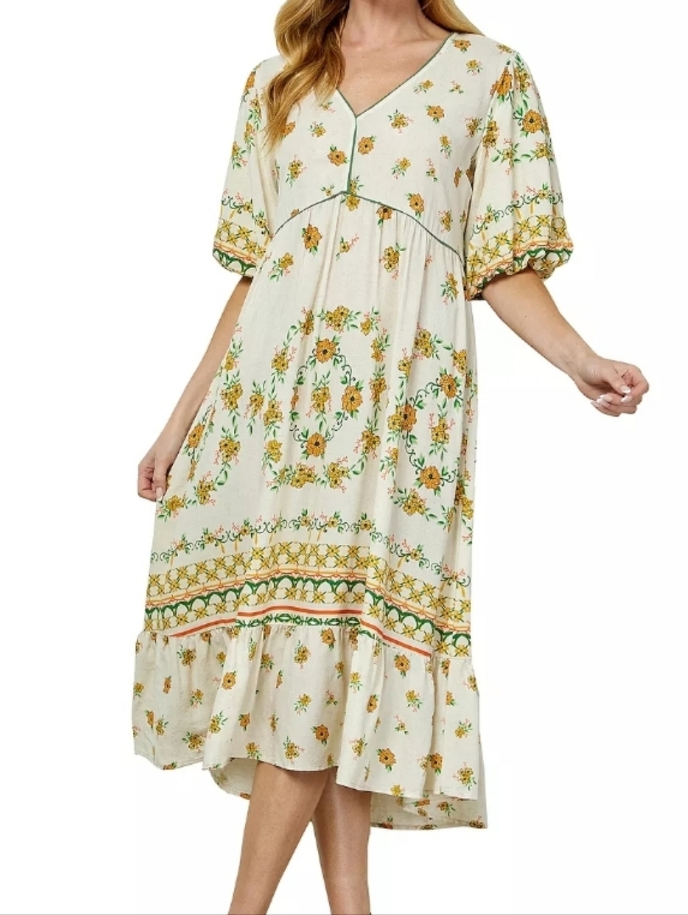Fig and Flower Floral Linen Blend V Neck Tiered Midi Dress L Puff Sleeves Boho